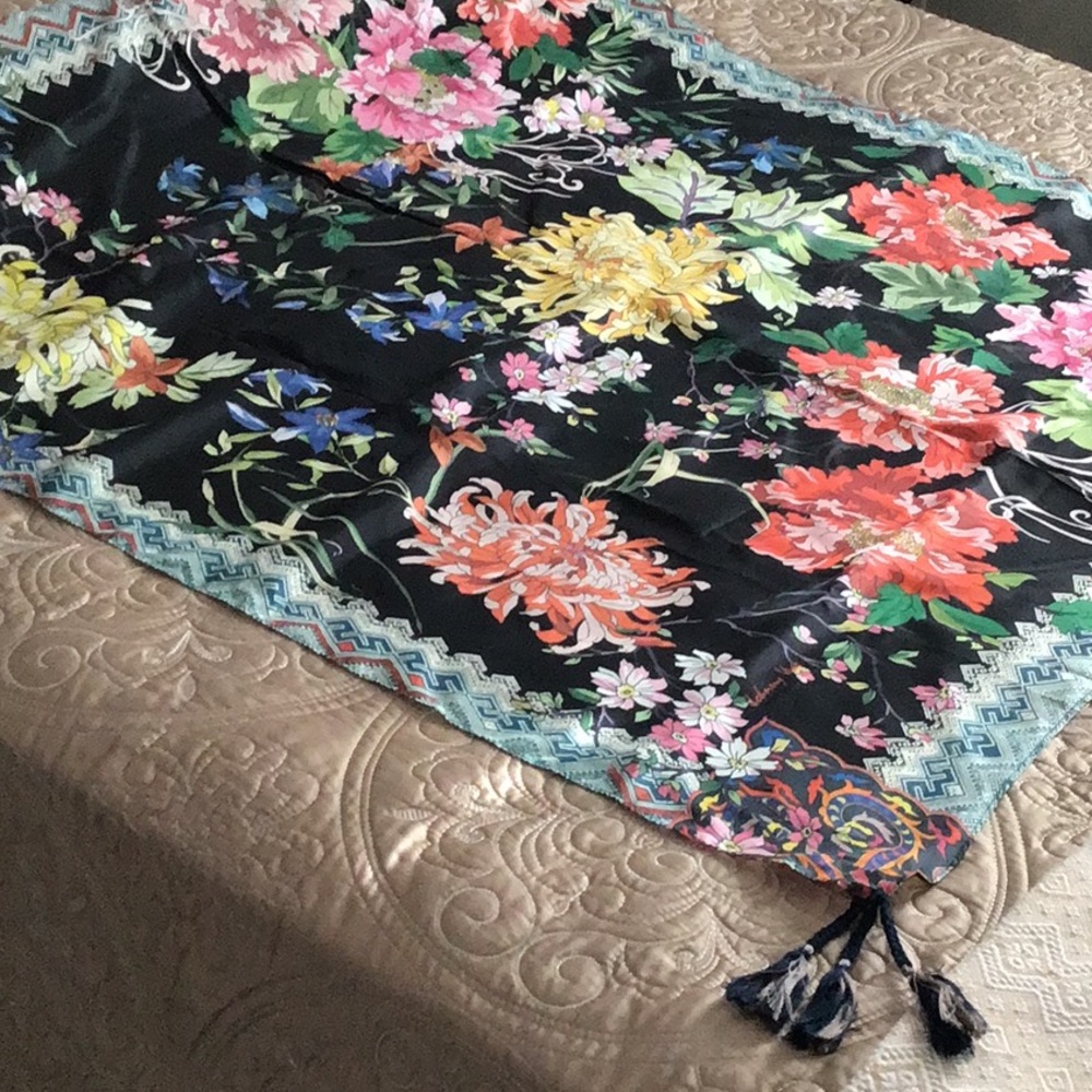Johnny Was Black Floral Silk Scarf with Multicolor Flowers
